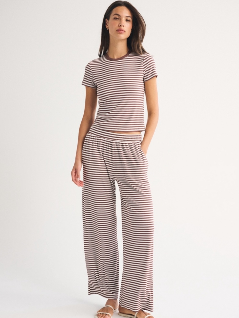 Abercrombie Ribbed Striped Short Sleeve Lounge Set in Brown & White